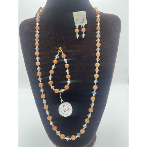 Peach Adventurine Stone & AB Bicone Crystal Necklace, Bracelet & Earring Set New - Picture 2 of 7
